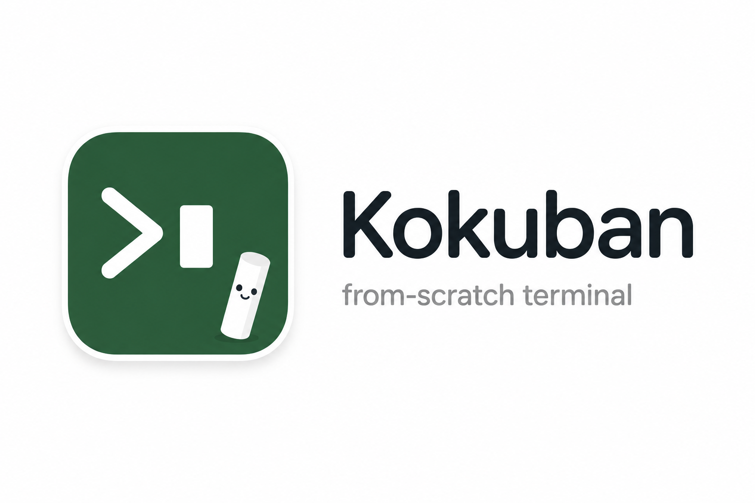 Arte oficial do Kokuban, terminal criado do zero, com ícone verde e um personagem de giz.
